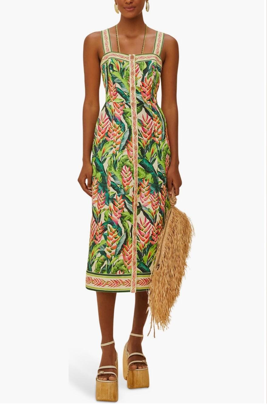 FARM Rio Heli Leaves Linen Midi Dress - Size medium - New